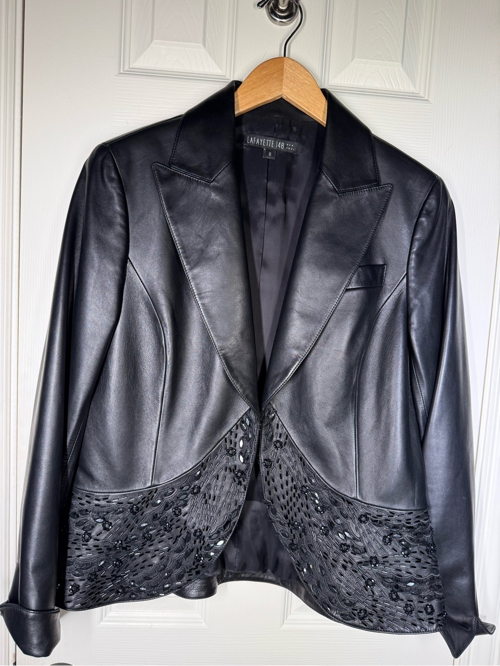Lafayette 148 New York Rare, Vintage Black Lambskin Leather Blazer Beaded Hem